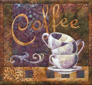 Quilt block that shows three empty coffee mugs stacked, with the word "Coffee" above in elegant script.