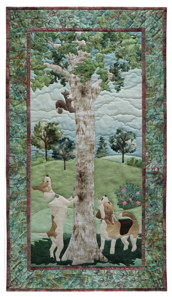 Quilt block showing a hound and a terrier treeing a squirrel.