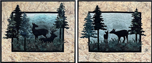 A pair of quilt blocks, one at dusk and one at dawn of a family of deer