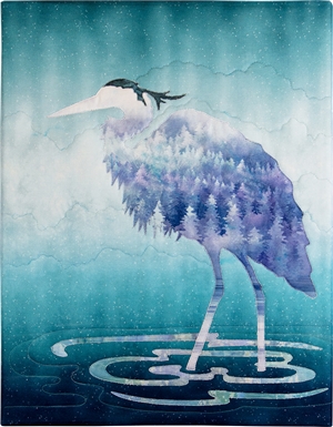 A single Heron walks across still water against a blue-green background