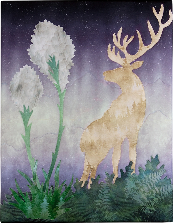 A lone Elk in silhouette with blooming beargrass in the foreground
