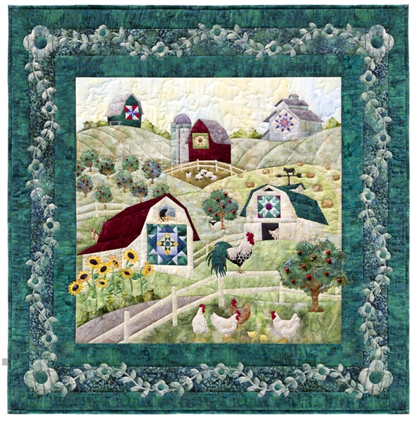 Quilt block that shows a large working farm, and introduces the friendly animals that live there.