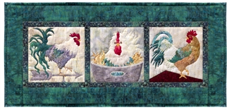 One segmented quilt block showing three rooster scenes.