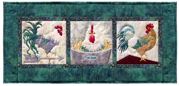 One segmented quilt block showing three rooster scenes.