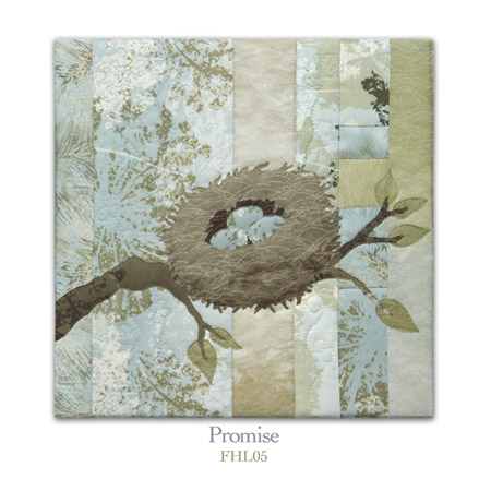 Quilt block with stylized bird watching a nest with eggs on a tree branch in earthy floral patterns