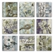 Set of nine quilt blocks showing stylized flowers, birds, and insects, along with the words "Faith," "Hope," and "Love"