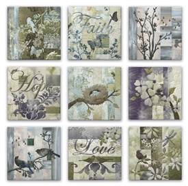 Set of nine quilt blocks showing stylized flowers, birds, and insects, along with the words "Faith," "Hope," and "Love"