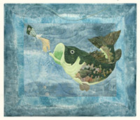 Quilt block of a big mouth bass closing in on a fisherman's fly.