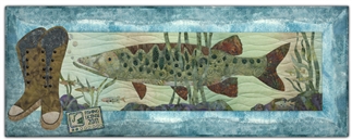 Quilt block of a pike at the bottom of a river, along with fishing boots and a fishing license.