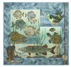 Full quilt image includes bass, pike, turtles, fishing boots, and a fishing pole, along with embroidered fishing license detail.