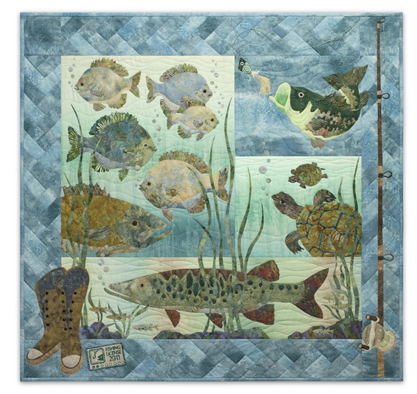 Full quilt image includes bass, pike, turtles, fishing boots, and a fishing pole, along with embroidered fishing license detail.