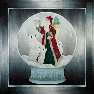 Saint Nick holds a wise owl while polar bears gather around in a winter snow globe scene