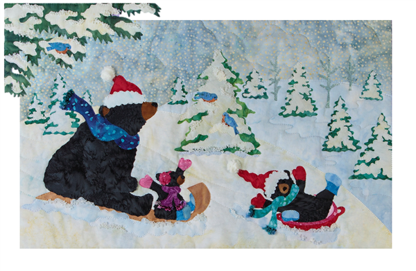 A mama Bear and her two cubs gleefully sled down a snowy hill