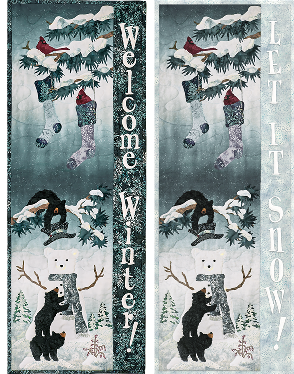 Three bears playfully dress a snowman while cardinals look down from a bough above from which hang holiday stockings