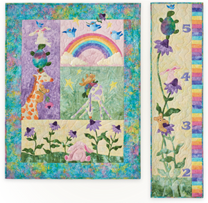 Traditional fabric kit for Once in a Lullaby applique quilt design and growth chart.