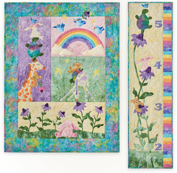 Traditional fabric kit for Once in a Lullaby applique quilt design and growth chart.