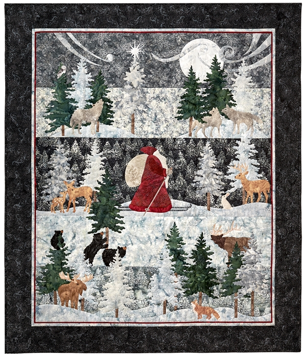 A three block starlit night scene featuring Santa, wolves, deer, moose, elk, bear, fox and a bunny