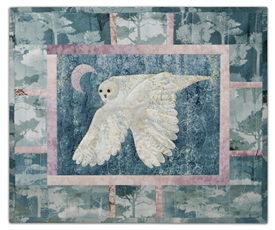 Quilt block of an owl on the hunt under the moon, inspired by the famous Rush song