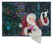 Quilt block of Santa in front of a decorated tree, raising a glass to the kind person that left him cookies and milk.