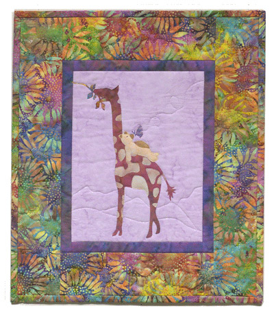 Quilt block of Giraffe and Teddy from block one having a snack and thinking about life