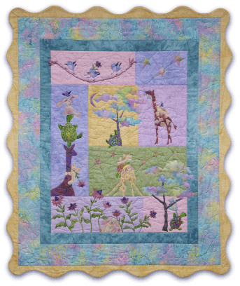 Baby Quilt of Teddy Bear, Giraffe, Bunny, Turtle, and blue birds, having a ball and being friends.
