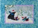 A quilt block with mama bear and her two babies sledding down a snowy hill.