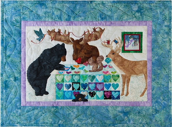 A quilt block with a Moose, mama and baby bear, a deer and a squirrel assembling a quilt of heart blocks.