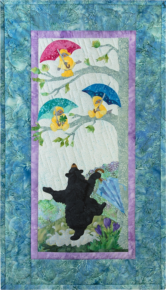 Mama bear dancing in the rain under a tree full of birds in yellow raincoats under colorful umbrellas