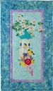 A bird house hanging on a flowering tree branch, with a bouquet of beautiful, colorful flowers hanging off the front. Two small yellow birds are sitting on the flowers and in the bird house.
