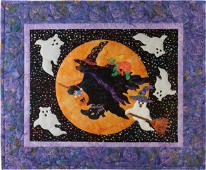 Mama bear dressed as a witch for halloween, flying on her broom in front of a harvest moon. Baby bear in a pumpkin costume is on her back and baby bear as a ghost in on the broom too. Bear ghosts float around them in the sky!