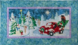 mama bear and her cubs are in their classic red pickup truck, pulling away from a snow covered Christmas tree lot with their tree. the lot is all lit up with glittering lights and covered in a blanket of snow.