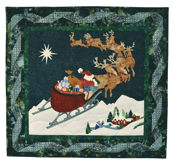Quilt block of Santa guiding his reindeer through the sky over a sleeping village in the dead of night, towards the North Star.