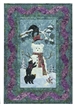 Quilt block of three black bear cubs making a snowman, complete with scarf and magic hat.