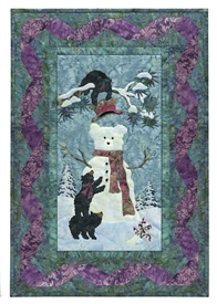 Quilt block of three black bear cubs making a snowman, complete with scarf and magic hat.