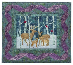 Quilt block of a buck and a doe sharing the holiday season with their brand new fawns in the snowy woods.