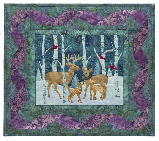 Quilt block of a buck and a doe sharing the holiday season with their brand new fawns in the snowy woods.