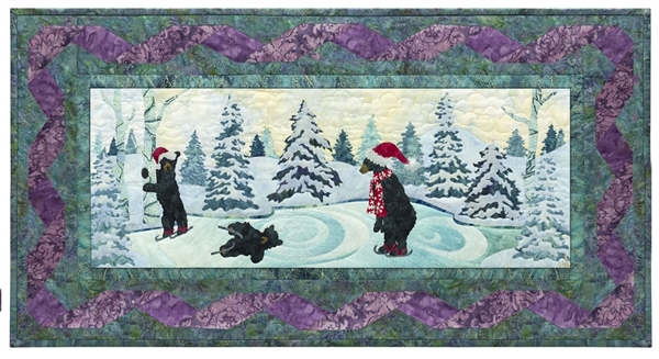 Quilt block of three black bears ice skating on a frozen pond. Well, one is holding on to a tree on the edge of the pond, and the second has just fallen down. But the third one is doing okay.