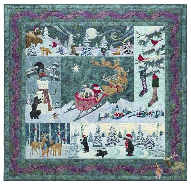 Complete quilt image for Heaven and Nature Sing, with silly bears, happy cardinals, singing animals, brand new babies, and Santa himself.