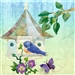 a fabric panel with a birdhouse and a bluebird