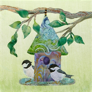 a fabric panel with a birdhouse and two black cap chickadees