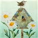 a fabric panel with a birdhouse, a wren, and shasta daisies