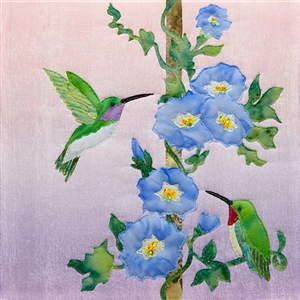 a fabric panel with two hummingbirds fluttering near a stem of flowers
