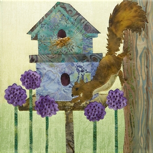 a fabric panel with a squirrel raiding a birdhouse