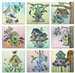 Image of the nine bird and birdhouse patterns, wrapped on blocks instead of joined to make a full quilt. However, this product does come with the pieced quilt pattern.