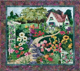 Quilt block of a blooming English garden and cottage.
