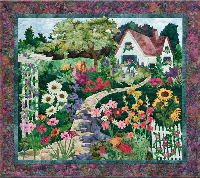 Quilt block of a blooming English garden and cottage.