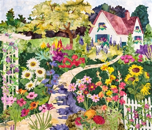 A fabric at print of a blooming English garden and cottage.
