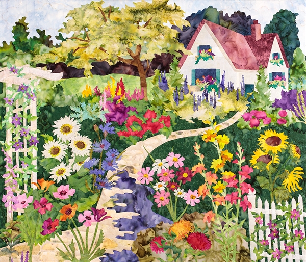 A fabric at print of a blooming English garden and cottage.