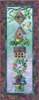 Quilt block of six linked birdhouses, and a group of happy birds.