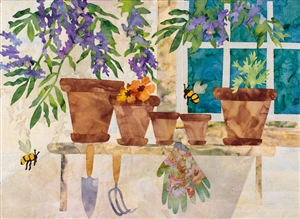 Quilt block of a potting bench with tools, and the bees attracted by the potted wisteria.